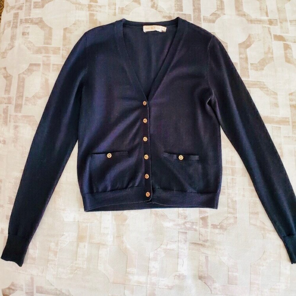Tory Burch Navy Wool Cardigan with Gold Buttons